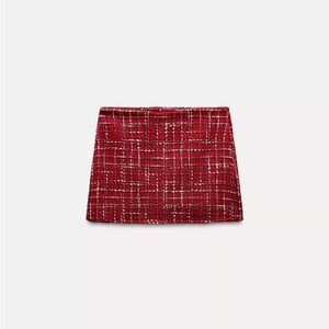 Zara Red Textured Tweed Mini Skort